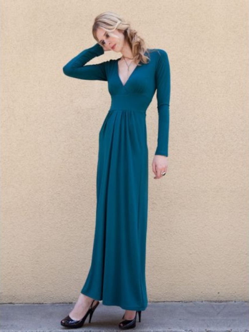 Teal EcoSkin Tall NWT Gemini Maxi Gown Dress Stretchy Comfy Deep V-Neck USA Made